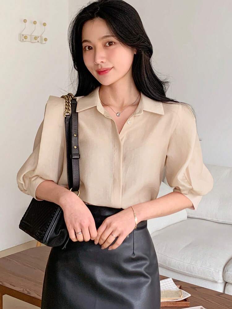 Women's Collared Semi-Sheer Half Sleeve Fitted Blouse
