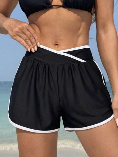 Swim SPRTY 女士沙滩裤，黑白撞色，交叉腰带双层设计，时尚休闲简约，适合度假和运动，女士泳装