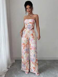 Elenzga 两件套女士抹胸蝴蝶结露脐上衣和印花半裙，优雅浪漫假日套装 - 彩色 - 查看 3