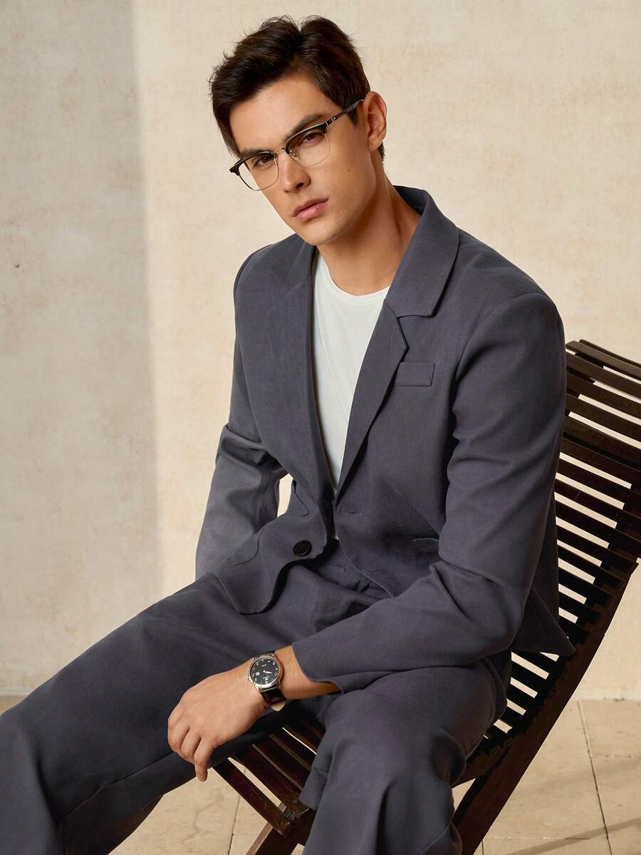 RONVEXI Conjunto de terno masculino casual de duas peças, composto por blazer de manga comprida e calça reta, em tecido plano. Ideal para casamentos e ocasiões casuais. Conjunto coordenado masculino cinza. - Cinza escuro - Ver 1
