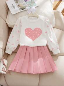 Elladie kids 2 pièces/Ensemble Sweat-shirt-shirt à manches longues avec imprimé cœur & Jupe plissée pour jeune fille, rose clair, automne, anniversaire, Saint-Valentin, vacances, nouvelle tenue à la mode - Rose bonbon - Voir 9