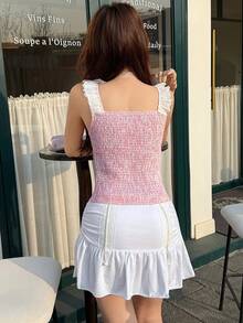 K-Vae Women's Summer Plaid Ruffle Embroidered Waist Slimming Sweet Girl Bow Tie Square Neck Fitted Sexy Camisole - Multicolor - View 2