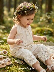 Cozy Pixies Babygirl Cute Summer Vacation White Floral Embroidery Loose Camisole And Elastic Waist Pants Set - Apricot - View 2