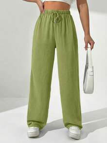 SHEIN Unity Pantalones casuales anchos de cintura con cordón de unicolor para mujer - Verde Oliva - Ver 6