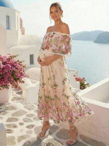 Loomaby 孕妇花卉刺绣网纱露肩优雅连衣裙 - 彩色 - 查看 7