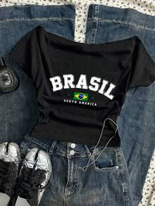 Attitoon Letter Graphic Off Shoulder Tee - Black - View 6