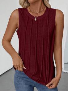 EMERY ROSE 女士圆领无袖纹理休闲背心，春夏时尚 - 紅色 - 查看 4