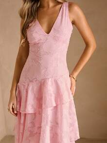 Enchnt V-Neck Cutout Waist Flattering Vacation Dress - Pink - View 2