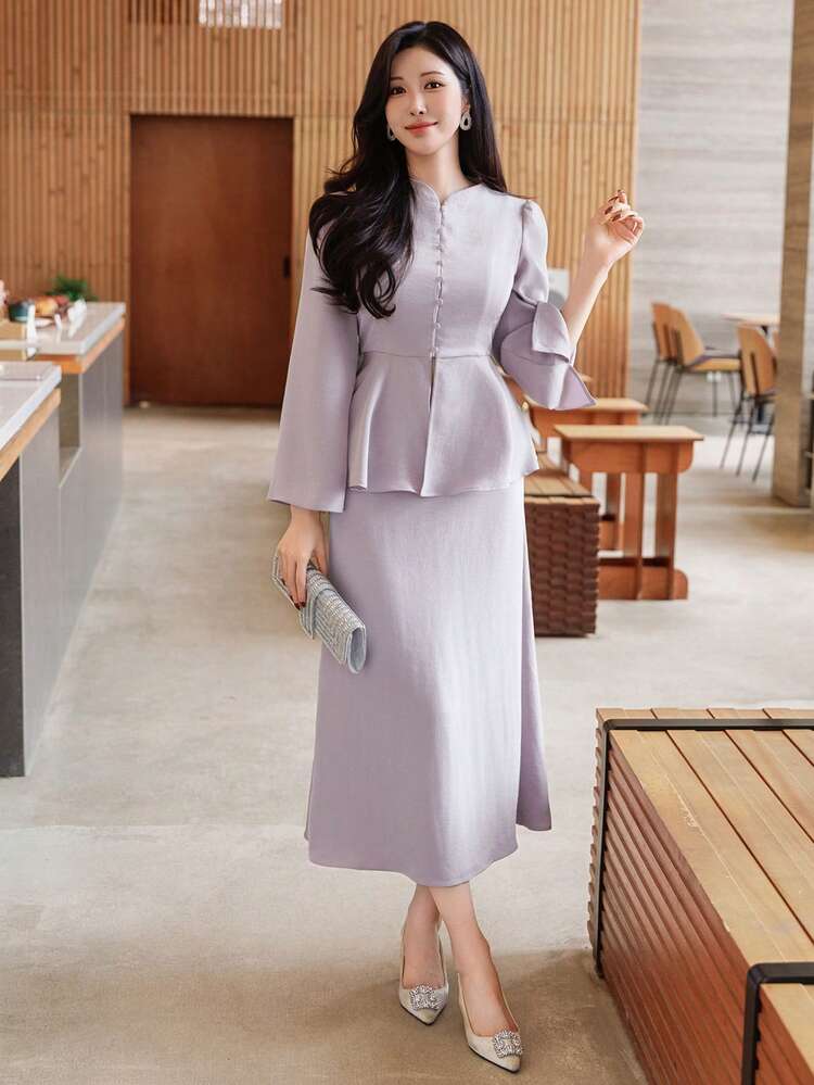 Women's Elegant Solid Color Puff Sleeve Blouse And Skirt 2-Piece Set, Spring/Summer,Wedding Guest Dress Women