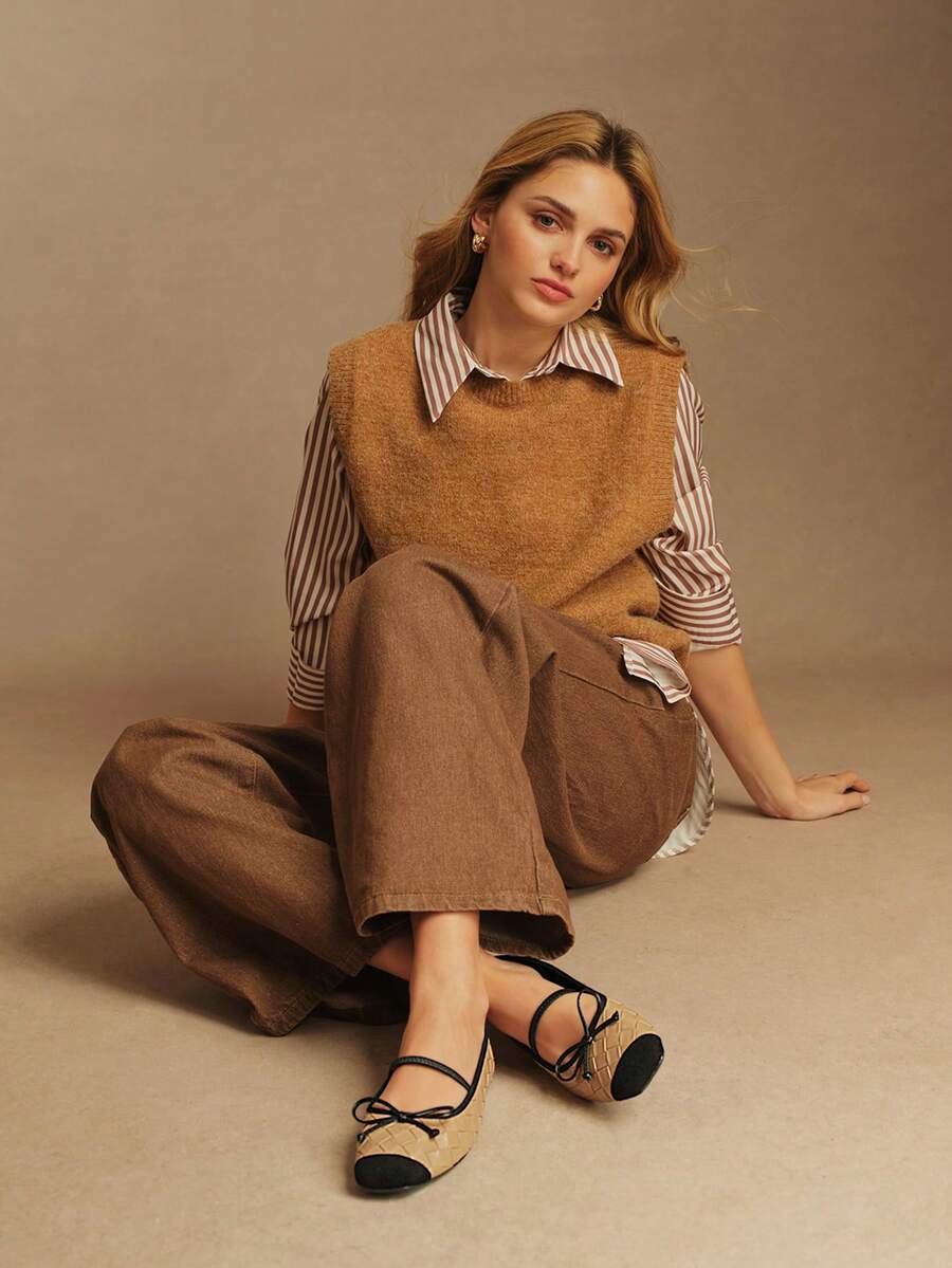 Rosivie 女士平底鞋四季新款，立体可爱蝴蝶结方头设计，舒适简约，适合度假，女士平底鞋，通勤必备，休闲百搭 - 卡其色 - 查看 1