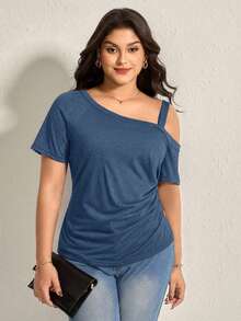Comfylo Plus Size Solid Color Asymmetric Shoulder Pleated Casual Versatile Summer T-Shirt - Cadet Blue - View 5