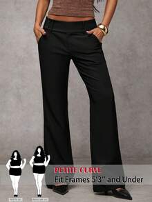 SHEIN PETITE CURVE 大码纯色休闲裤，带口袋，百搭实用，适合日常穿着、春季、外出、休闲场合，黑色，通勤、日常生活、办公室穿着皆宜。 - 黑色 - 查看 1