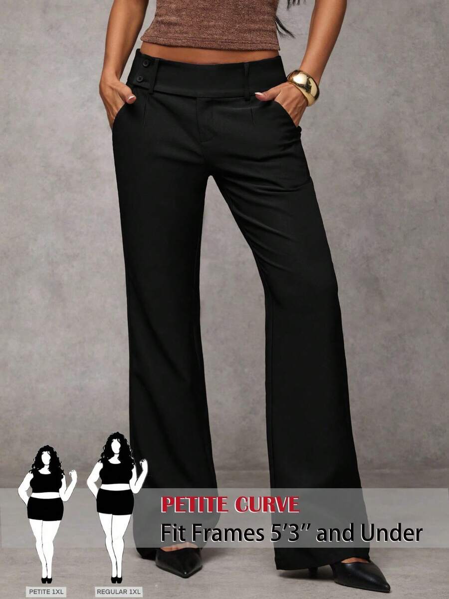 SHEIN PETITE CURVE 大码纯色休闲裤，带口袋，百搭实用，适合日常穿着、春季、外出、休闲场合，黑色，通勤、日常生活、办公室穿着皆宜。 - 黑色 - 查看 1
