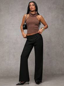 SHEIN PETITE CURVE 大码纯色休闲裤，带口袋，百搭实用，适合日常穿着、春季、外出、休闲场合，黑色，通勤、日常生活、办公室穿着皆宜。 - 黑色 - 查看 7