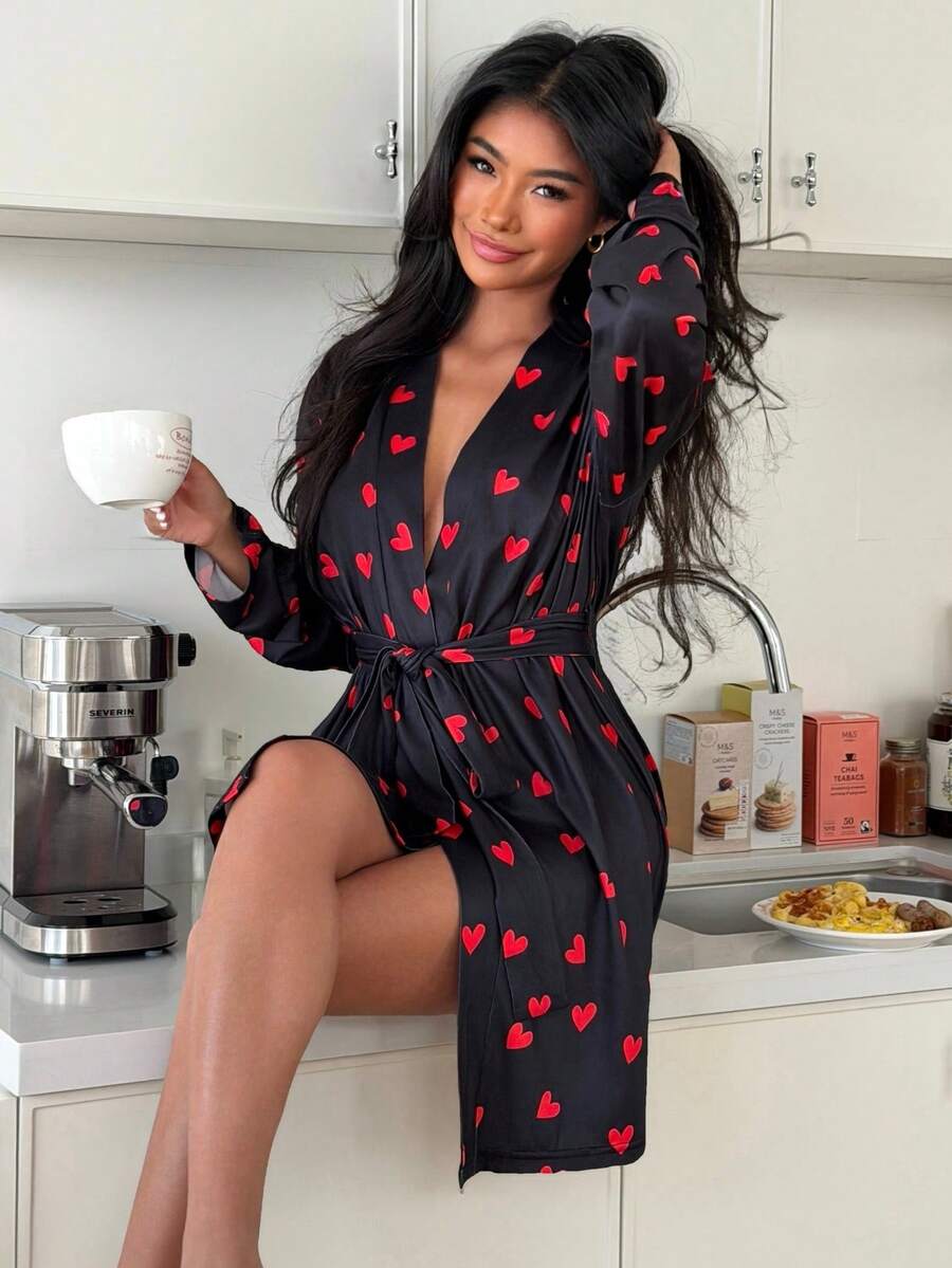 SHEIN Heart Print Soft Robe Loungewear For Women - Black - View 1