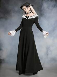 ROMWE SpringGothic Lace Patchwork Long Dress For Women, Spring/Summer - Black - View 6