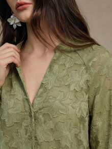 Anewsta 女士优雅高档提花面料衬衫，春季 - 橄欖綠 - 查看 3