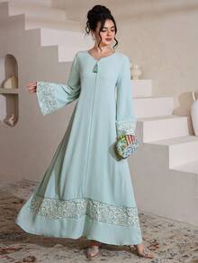 SHEIN Najma Đầm dài tay dáng xòe kiểu Ả Rập dành cho nữ, phối vải jacquard. - màu xanh lá - Xem 7