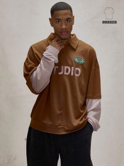 Musero 超大款落肩翻领纽扣 Polo 衫，双层撞色长袖“STUDIO”刺绣上衣，冬季必备单品