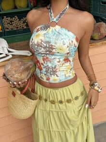 Sunnyshic Women's Casual Vacation Fashion Everyday Versatile Tropical Floral Mesh Print Hollow Metal Ring Spaghetti Strap Tie Bow Bodycon Camisole - Multicolor - View 5