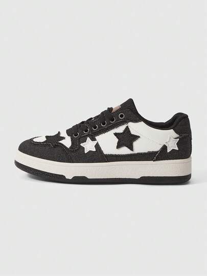ROMWE Grunge Punk 1 Size Smaller Black New Artistic National Star Skate Shoes, Fashion Casual Women's Shoes, Round Toe Lace-Up Low-Top Sneakers