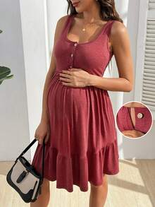 GentleRue Maternity Women's Solid Color Minimalist Sleeveless Nursing Dress, Everyday Wear - Burgundy - View 1