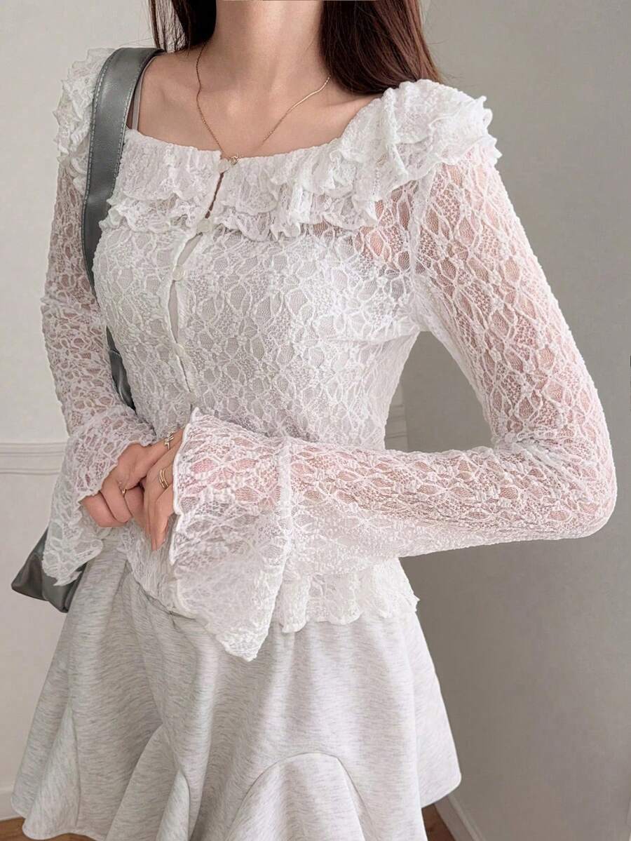 FRIFUL 女士纯白色薄纱蕾丝面料层叠荷叶边领修身衬衫，百搭 - 白色 - 查看 1