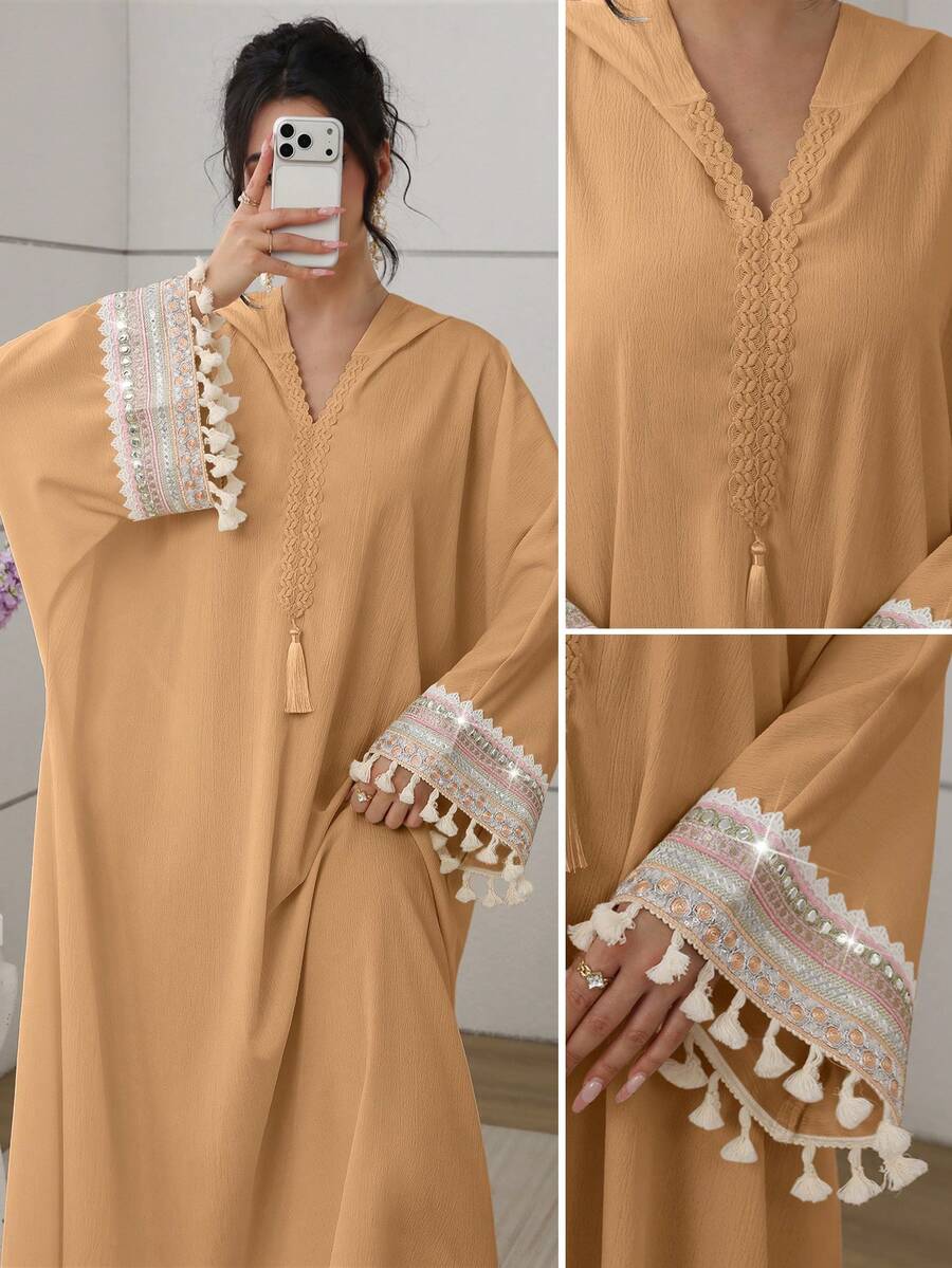 SHEIN Najma Hooded Lace Ribbon Batwing Tassel Dress For Women - Orange - View 1