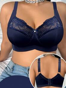 DesireSculpt 1pc Plus Size Lace Patchwork Wireless Bra - Navy Blue - View 1