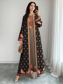 SHEIN Najma Women's Retro Floral & Herringbone Print Elegant Round Neck Maxi Dress With Abaya Cardigan, 2-Piece Set, Spring/Summer - Multicolor - View 7