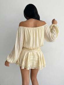 Aloruh Đầm mini lãng mạn cổ tích màu vàng tay phồng dáng rộng thắt eo bằng chiffon xếp ly nhiều lớp trễ vai. - Màu vàng - Xem 2