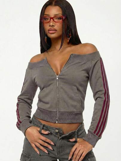 Modviera Elegant Off-Shoulder Long Sleeve Contrast Red Ribbon Sweatshirt Jacket For Women, Spring/Autumn