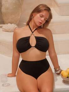Swim Chiccia Top de maillot de bain grande taille pour femmes, élégant, décontracté, de vacances à la plage, texturé noir, avec encolure bateaux et perles - Noir - Voir 4