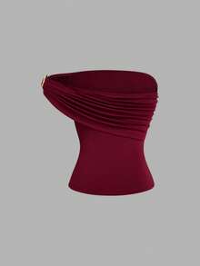 Easura 1套加大码女式露肩金属扣装饰弹力修身时尚上衣 - 彩色 - 查看 7