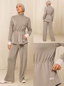 GLOWMODE X Reem Modest SoftSerene Modal 柔软点缀丝滑透气可调节抽绳腰带插袋四分之一拉链中长款卫衣日常休闲装 - 卡其色 - 查看 8