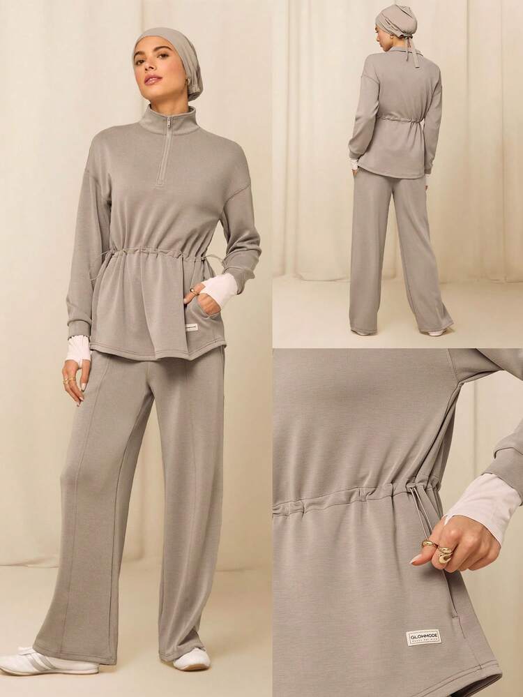 GLOWMODE X Reem Modest SoftSerene Modal Soft Spot Silky-Smooth Breathable Adjustable Drawstring Waist Slip Pockets Quarter-Zip Mid-Length Sweatshirt Daily Casual Wear