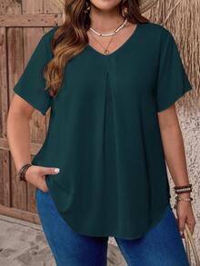 EMERY ROSE Blusa casual de verano con cuello en V y pliegues, de manga corta, talla grande, de estilo campestre y casual, simple y de moda para uso diario - Azul - Ver 4