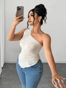Elenzga Blusa de mujer talla grande de verano, nueva, de punto blanco con textura, fruncida y asimétrica de un solo hombro, de moda y sexy. Adecuada para: uso diario, vacaciones, fiestas, reuniones - Blanco - Ver 1