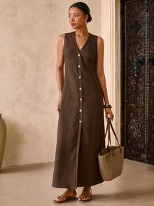 Vesra Coffee Brown V-Neck Button Front Casual Dress For Women - Coffee Brown - View 3