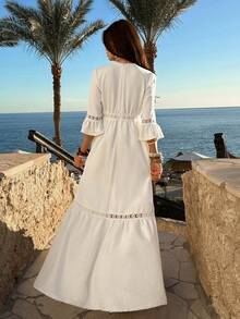 EURMUSE 女士白色波西米亚风长款度假连衣裙 – 短袖，钩花边，优雅度假装 - 白色 - 查看 7