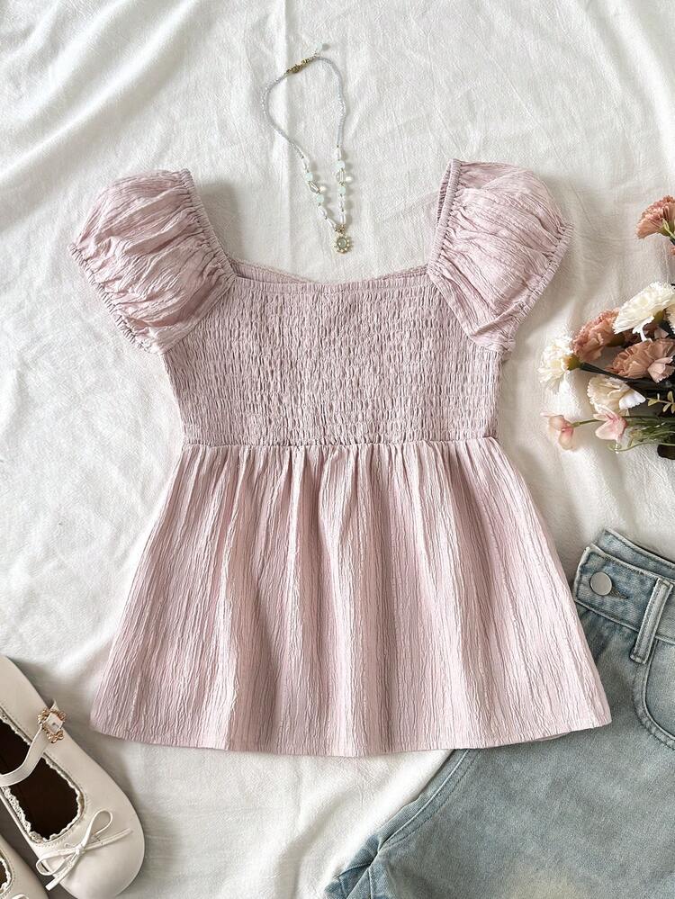 SHEIN Blusa casual de manga corta raglán con pliegues lisos para niña preadolescente - Rosa Pálido - Añade 2