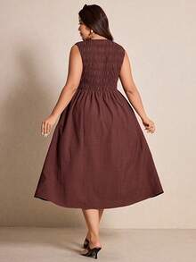 Elaquor Plus Solid Sleeveless A-Line Dress - Coffee Brown - View 2
