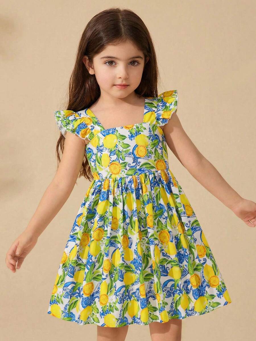 Maija Kids Maija Kids 女童方领褶皱荷叶边下摆休闲连衣裙 - 黃色 - 查看 1