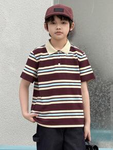 DAZY Camiseta de manga corta con cuarto de botón y rayas para niños preadolescentes en verano - Marrón - Ver 7