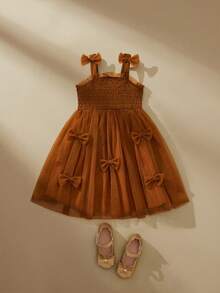 SHEIN 女童吊带连衣裙，饰有可爱的3D蝴蝶结，网纱薄纱咖啡色公主裙，可爱甜美优雅的夏季派对礼服 - 咖啡 - 查看 6