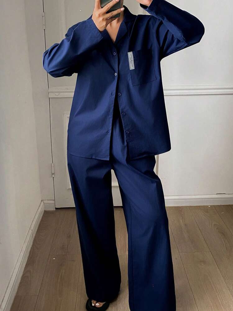 Solid Button Front Shirt & Pants PJ Set