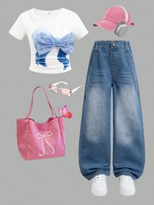 SHEIN 2pcs/Set Girls Butterfly Collar Design Straight Leg Jeans & Short Sleeve T-Shirt - Blue - View 1