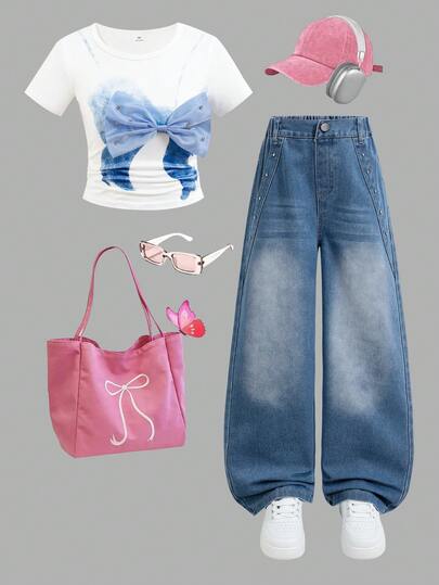 SHEIN 2pcs/Set Girls Butterfly Collar Design Straight Leg Jeans & Short Sleeve T-Shirt