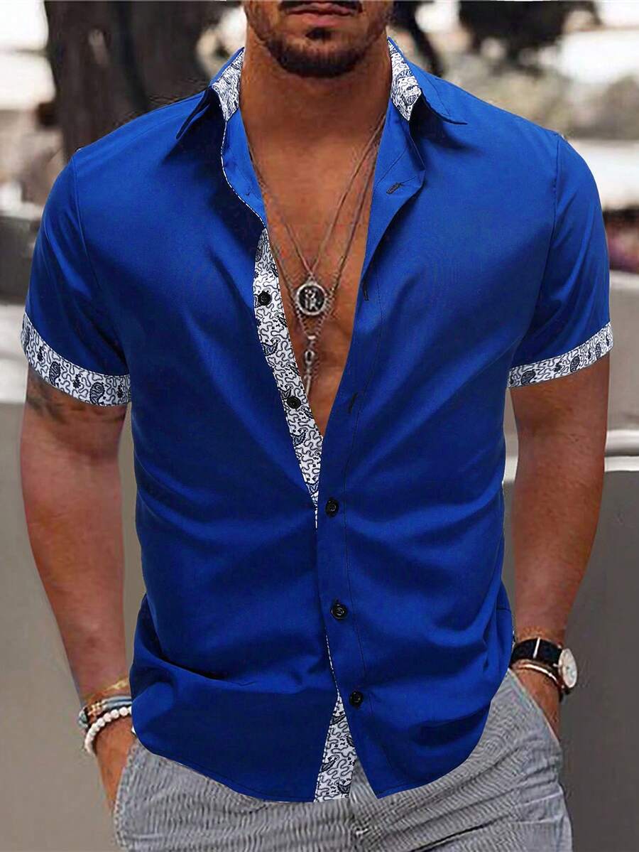 Manfinity Homme 男士休閒印花拼接短袖襯衫,皇家藍夏季優雅度假襯衫,適合海灘婚禮,老錢風 - 藍色 - 查看 1