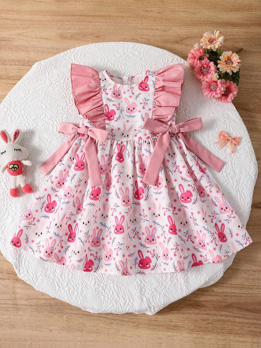 SHEIN Đầm dệt phối màu cổ tròn họa tiết hoa hình thỏ dễ thương, viền bèo nhún, thích hợp mặc thường ngày cho bé gái. - trắng - Xem 1